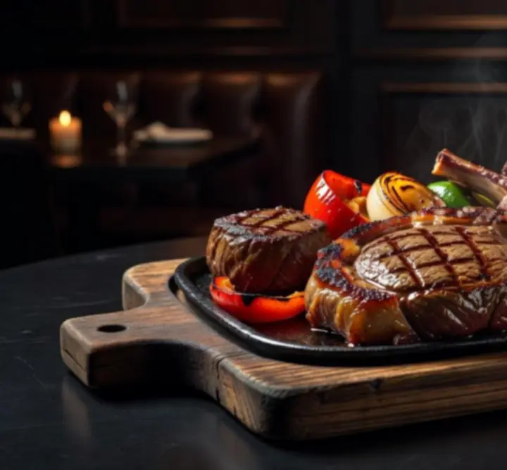 Prémium grill és steak válogatás elegáns tálalással, sötét bárhangulatú háttér előtt.
