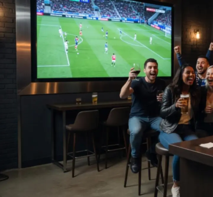 Vendégek élő sportközvetítést néznek nagy képernyőn a bárban