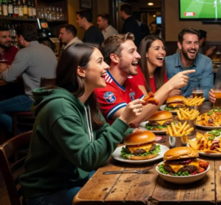 Megosztható fingerfood és hamburger tálak egy asztalon, sportközvetítéshez hangolt társasági hangulatban.